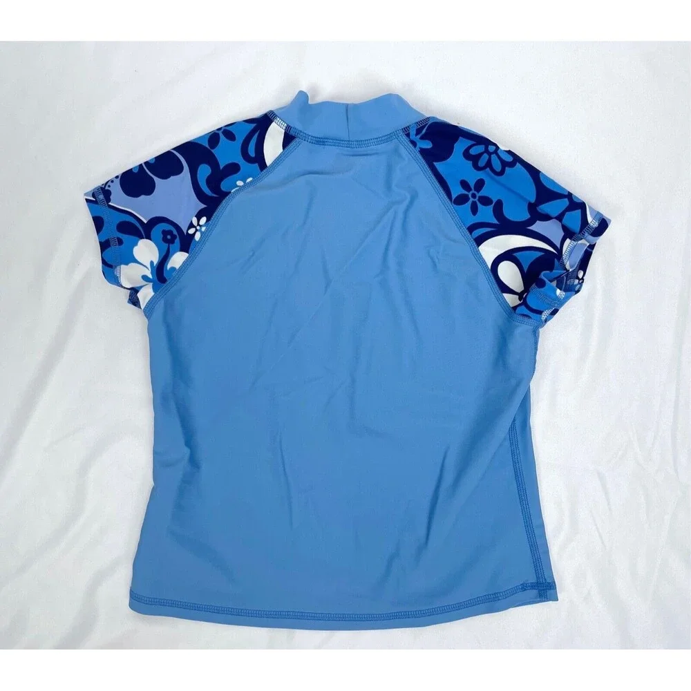 L.L. Bean Blue Size 8 Girl Rash Guard Swim‎ Top Short Sleeves Floral
